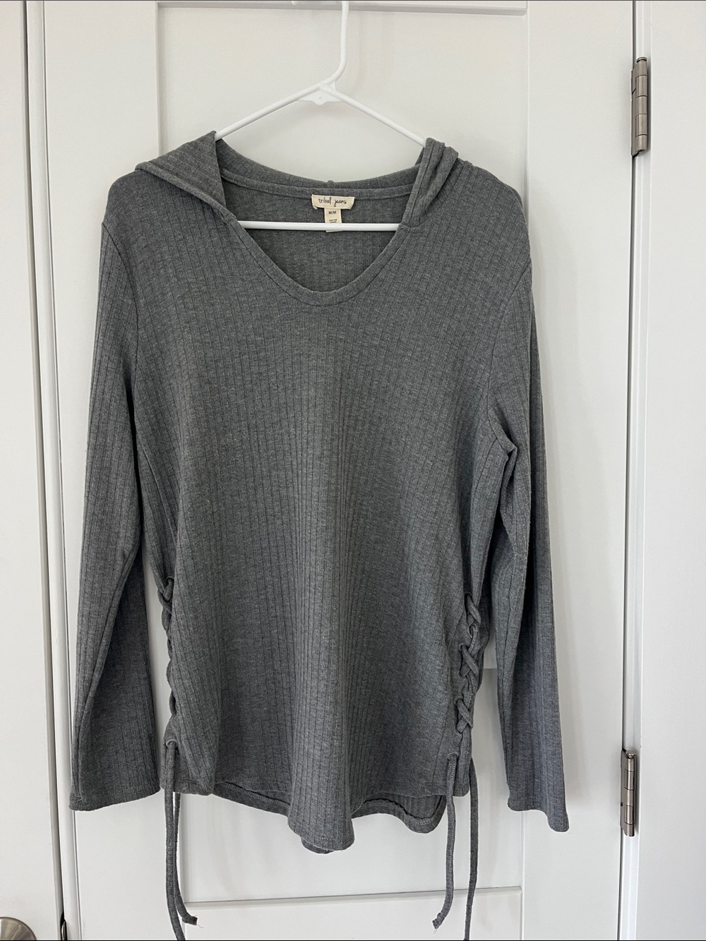 Tribal Jeans Gray Ribbed Hooded Top with Side Lace-Up